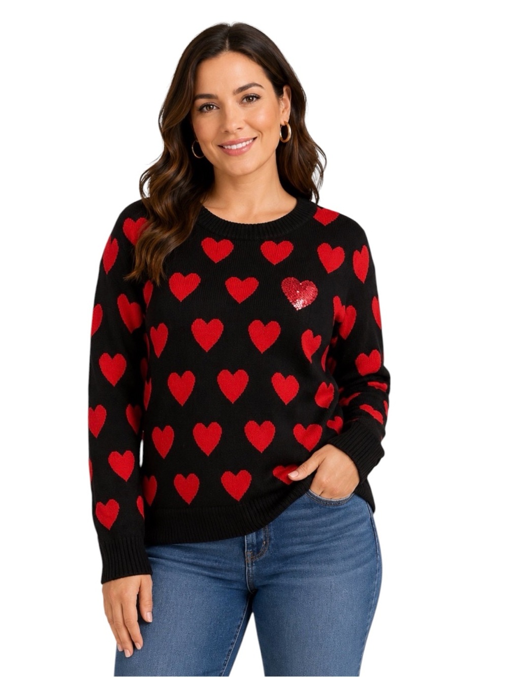 Charter Club Black Red Heart Sequin‎ Knit Sweater Crewneck Women’s Medium
